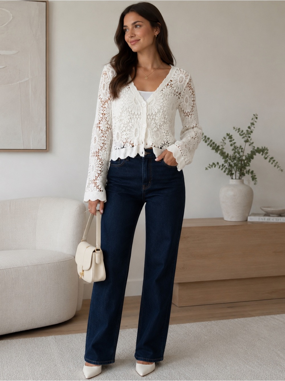 Sunny Leigh White Crochet Button-Front Cardigan